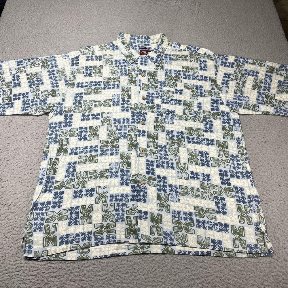Quiksilver Shirt Mens 2XL Blue Green Floral Silver Edition Hawaiian Aloha Casual